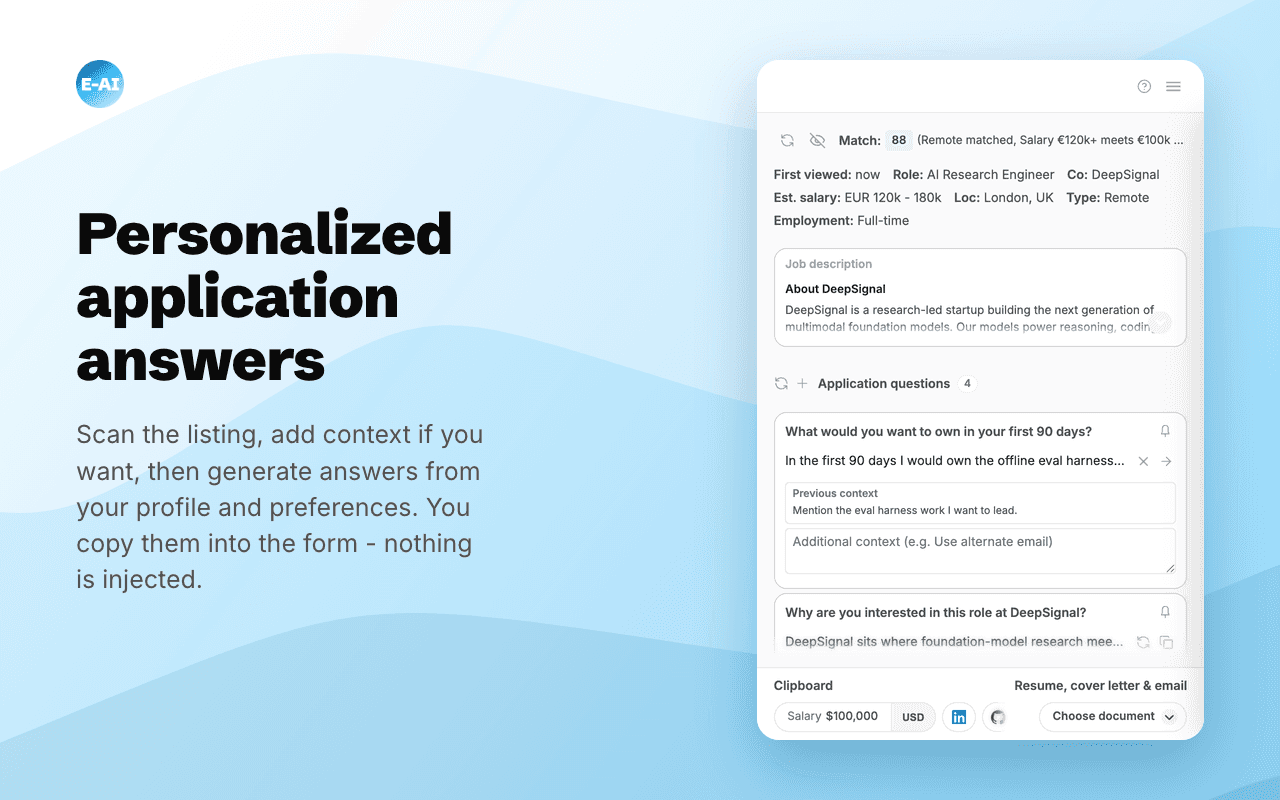 Application answers drafted in the Easy-AIpply side panel