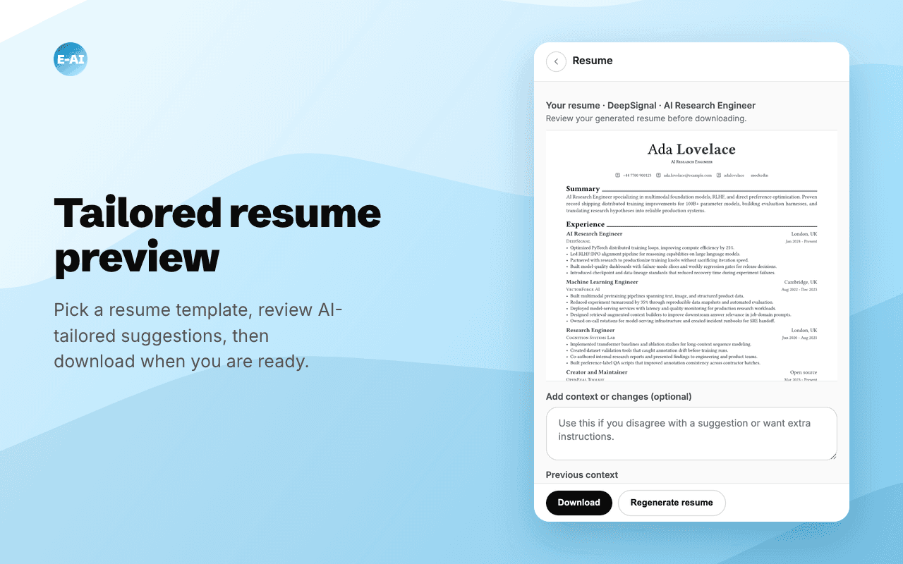 Tailored resume preview in the Easy-AIpply side panel